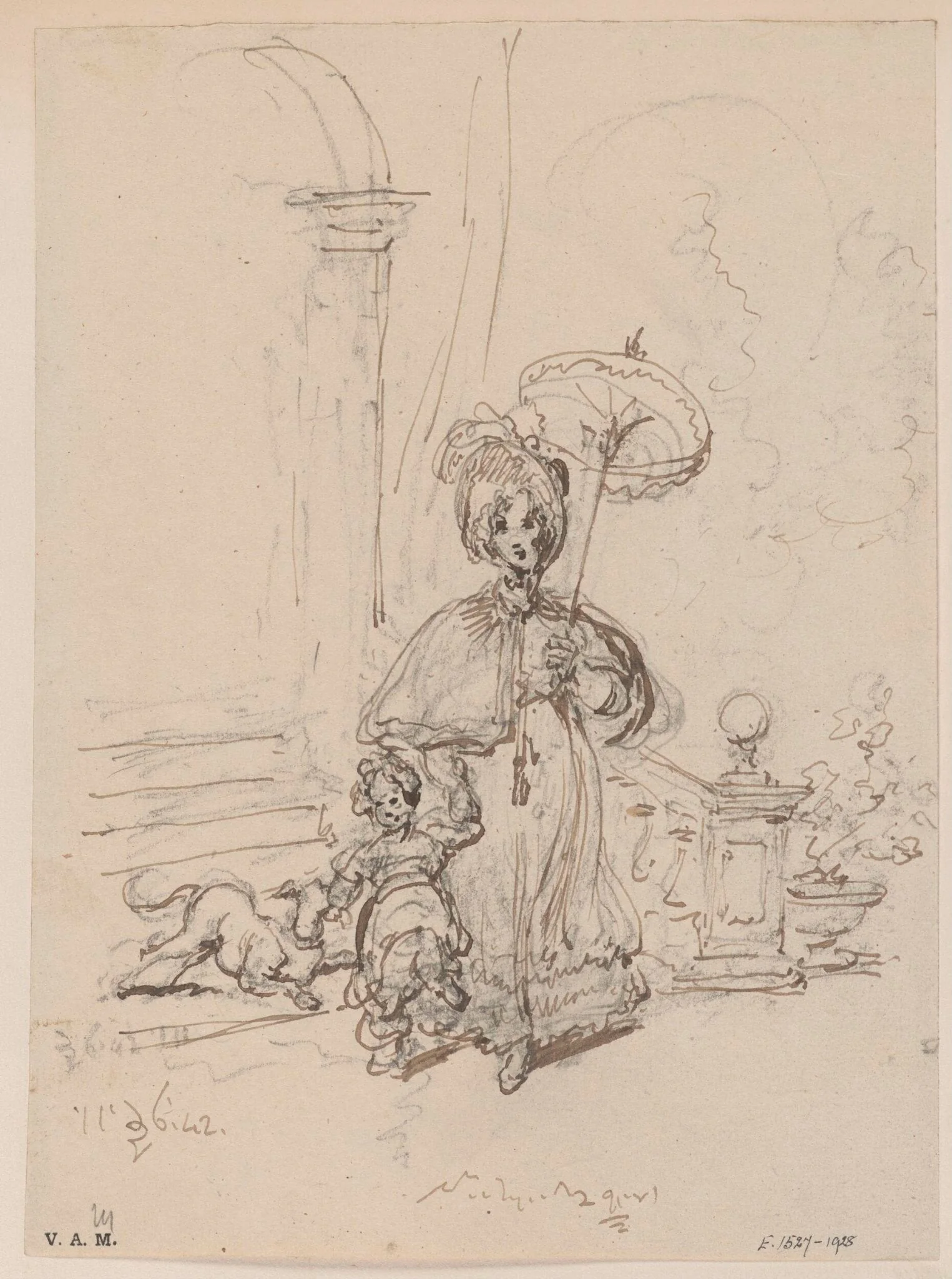 A Western woman with a child and a dog, detail