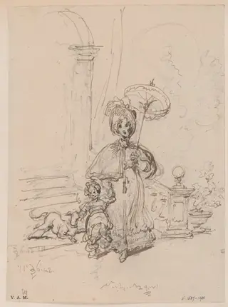 A Western woman with a child and a dog, by George Chinnery, 9