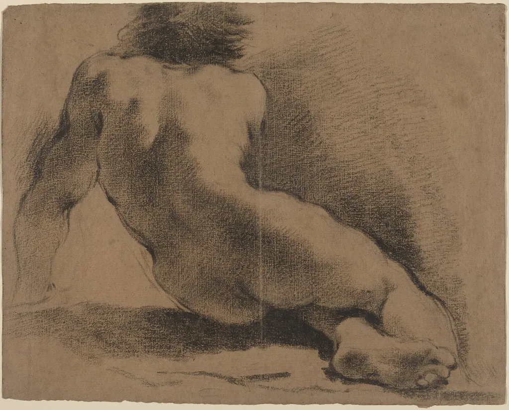 Seated Nude Boy Seen from the Back, by Guercino, ink, 1621