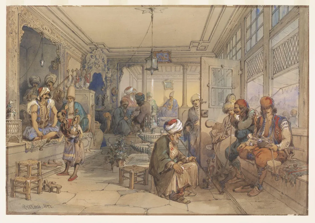 A Turkish Coffee-House, Constantinople, by Aloysius Rosarius Amadeus Raymondus Andreas Preziosi, watercolor, 1854