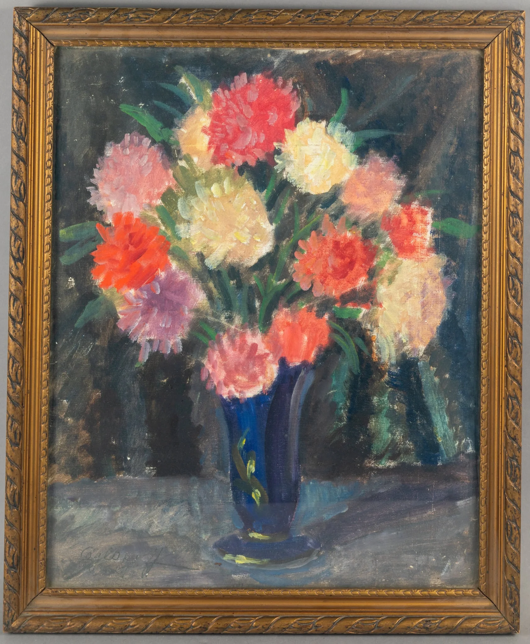 Pictură în ulei pe pânză, reprezentând un vas mare cu flori galbene, roșii, mov, semnat de pcitorul Gheorghe Ceglokoff (1904-1964, pictor și grafician, născut la Chișinău, închis pentru simpatii comunite) realizat în lagărul din Târgu Jiu, 1941, dăruită lui Liță Anghel, detail