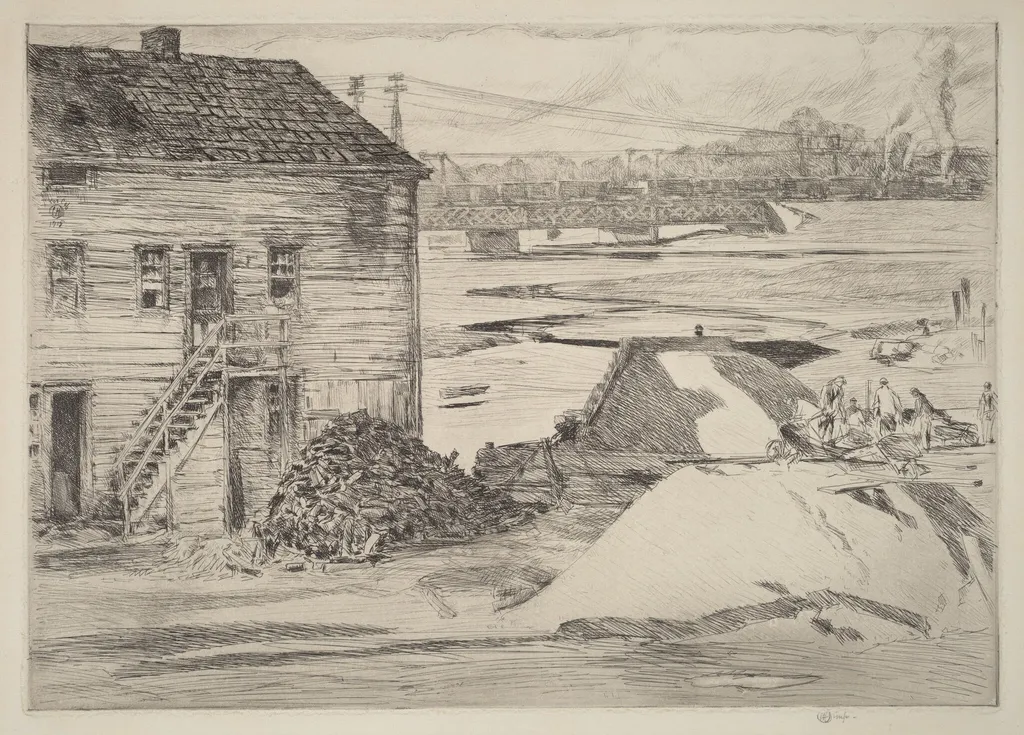 Low Tide, Cos Cob Bridge, by Childe Hassam, ink, 1915