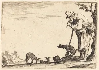 Shepherd Playing Flute, by Jacques Callot, ink, 1622