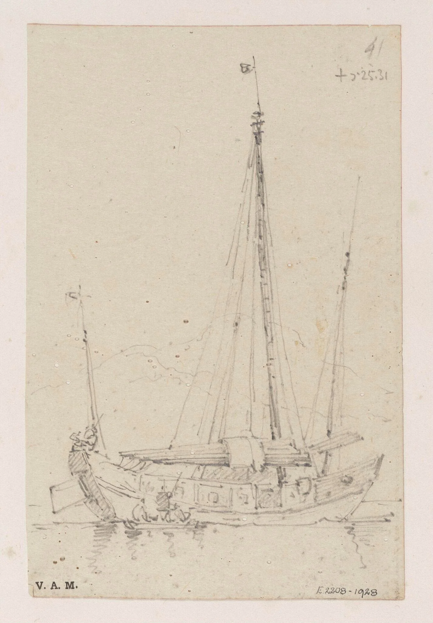 A three-masted junk with a smaller boat alongside, detail