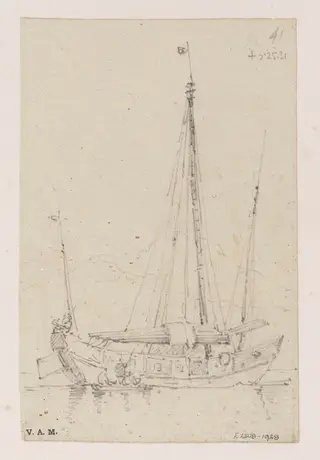 A three-masted junk with a smaller boat alongside, by George Chinnery, 15