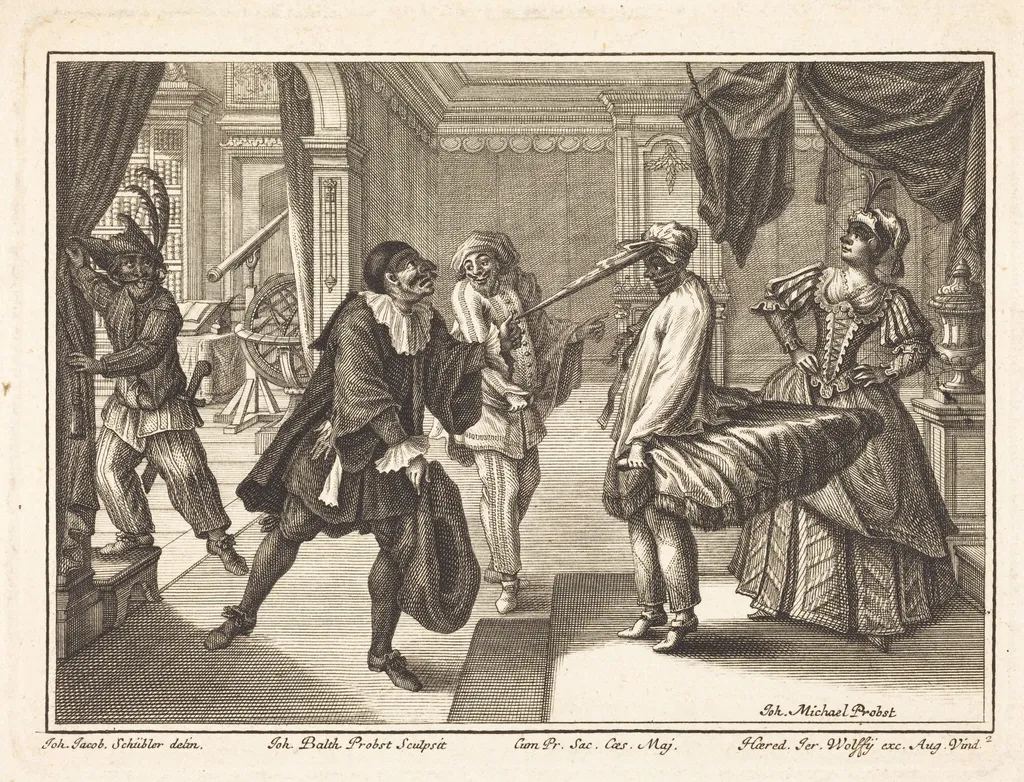 Harlequin at Dr. Polovard's House, by Johann Balthasar Probst, ink, 1729
