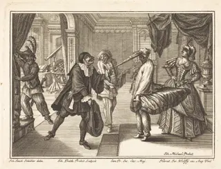 Harlequin at Dr. Polovard's House, by Johann Balthasar Probst, ink, 1729