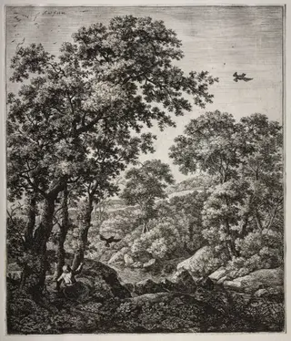 Six large upright landscapes with scenes from the Old Testament: Elijah Fed by the Ravens, by Anthonie Waterloo, 1665