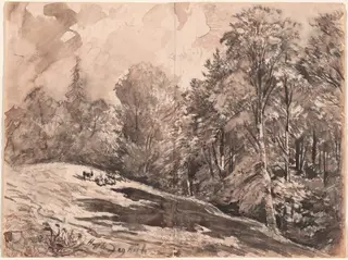 A Meadow with a Shepherd and Goats at the Edge of a Forest, by Carl Wagner, chalk, 1861