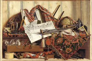 Trompe l'Oeil with Trumpet, Celestial Globe and Proclamation by Frederik III, by Cornelis Norbertus Gijsbrechts, oil, 1670