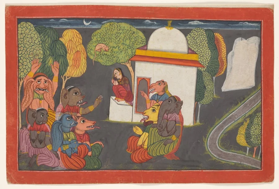 Hanuman spies Sita in the Ashoka Grove, from the “Shangri” Ramayana, detail