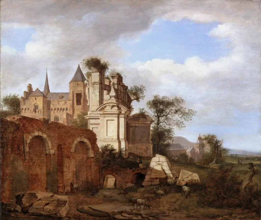 Ideal Landscape with a Romanesque Church, by Jan van der Heyden, oil, 1665