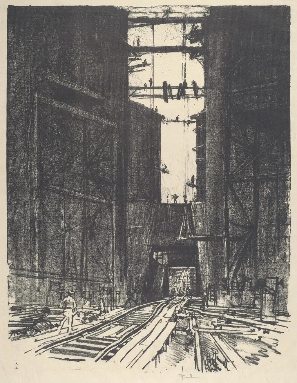At the Bottom of Gatun Lock, by Joseph Pennell, ink, 1912