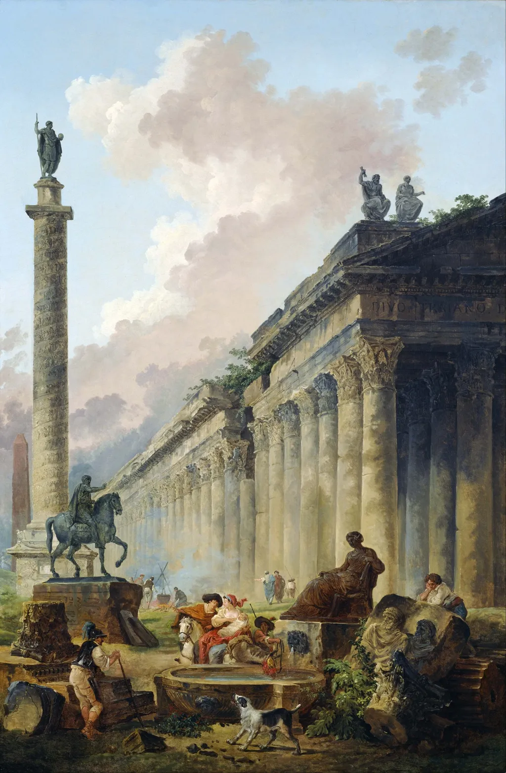 Imaginary View of Rome with Equestrian Statue of Marcus Aurelius, the Column of Trajan and a Temple, by Hubert Robert, oil, 1794