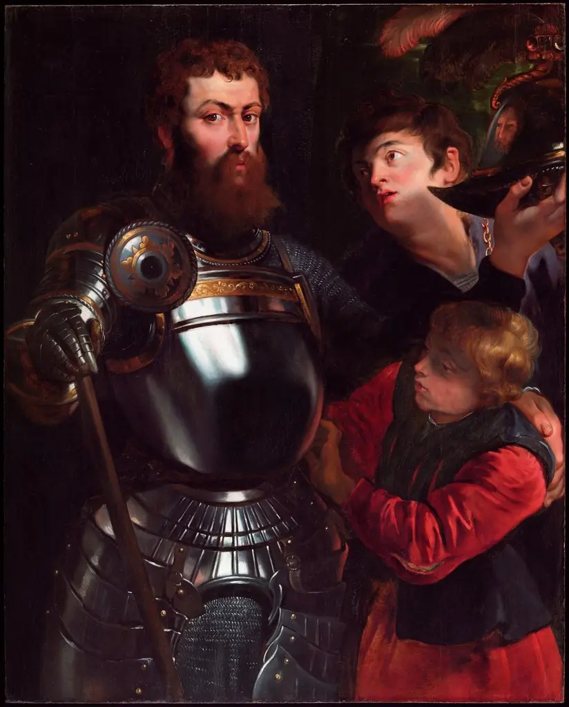 Warrior with Two Pages, by Peter Paul Rubens, oil, 1615