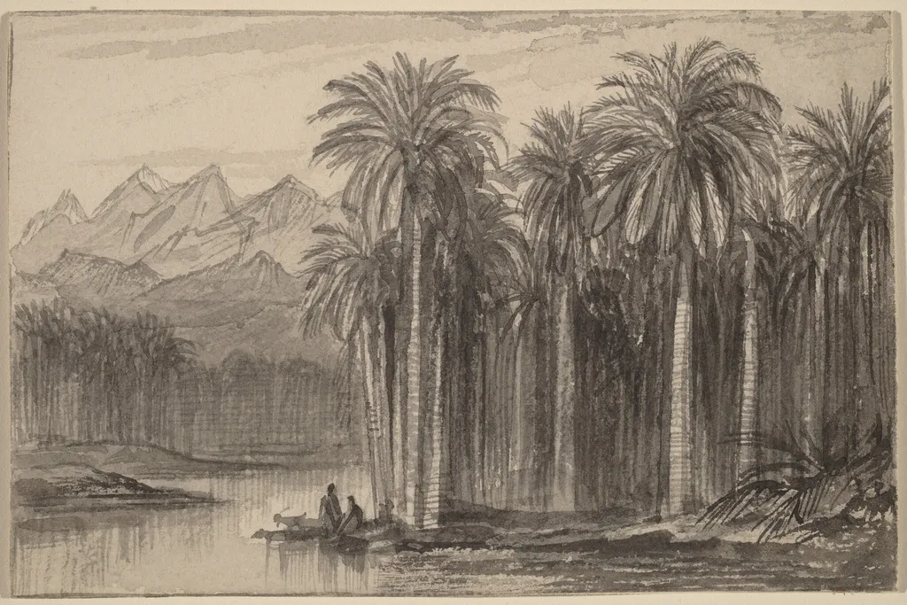 Figures Setting Out in Canoes from a Palm Grove (Wady Feiran), by Edward Lear, 1884