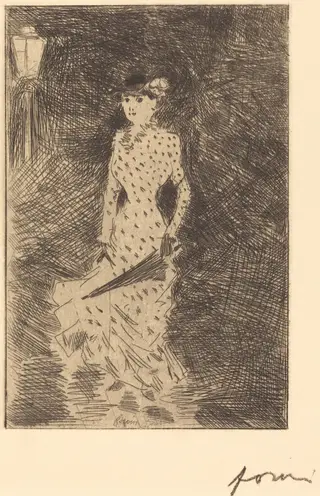 L'ambulante au parapluie (Walker with an Umbrella), by Jean-Louis Forain, ink, 1880