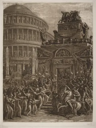 The Body of Hadrian Laying in State next to His Mausoleum, by Luigi Ademollo, ink, 1764