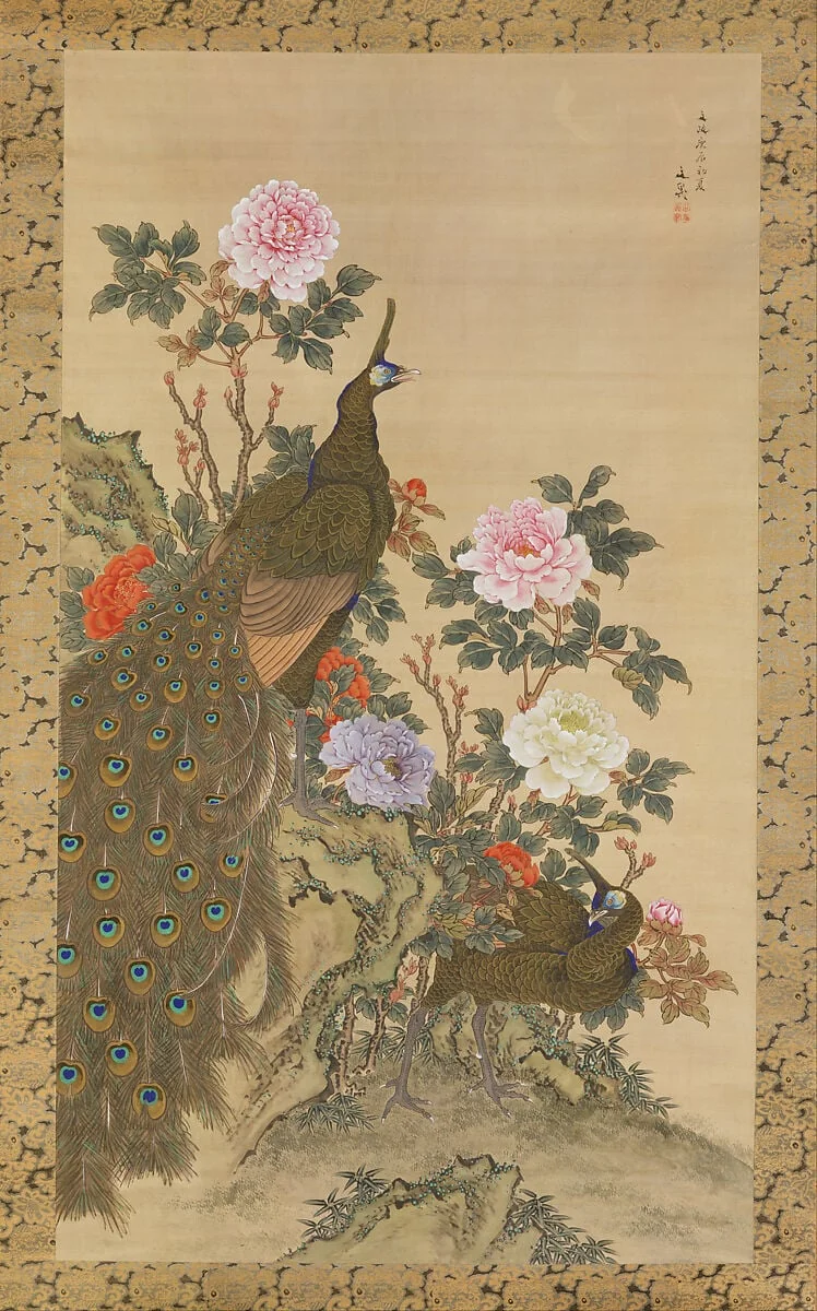 牡丹に孔雀図|Peacocks and Peonies, detail