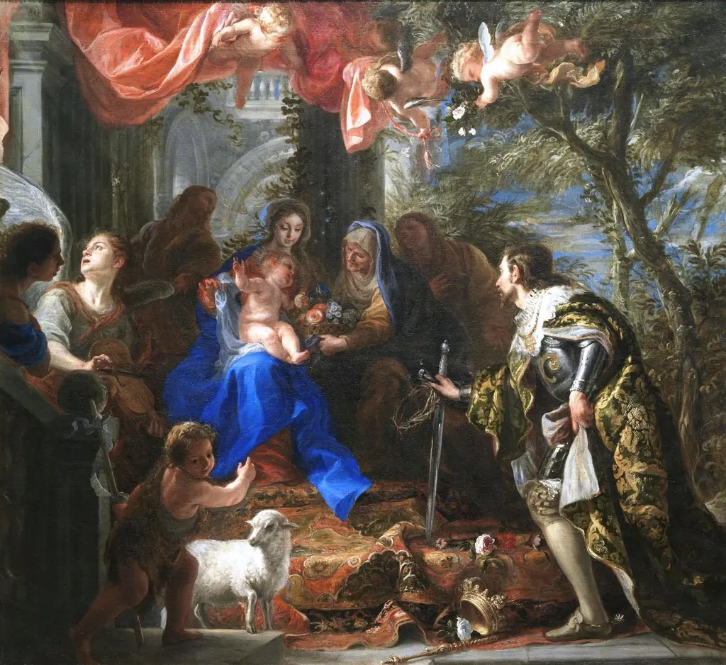 The Virgin and Child adored by Saint Louis, King of France, by Claudio Coello, oil, 1665