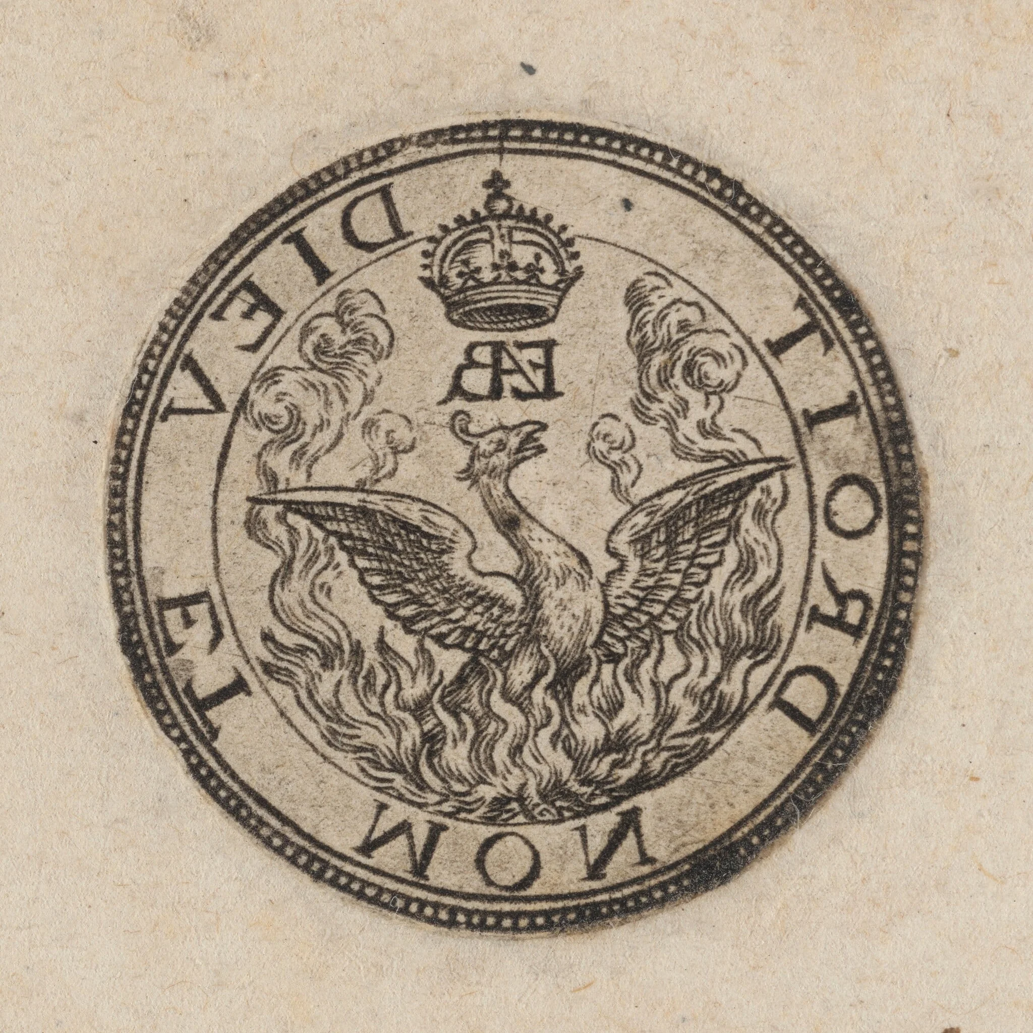 Emblem of the Phoenix and the motto "Dieu et mon droit" [right half], detail