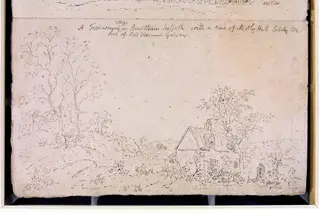 Cottage at Brantham, with a view of Mistley Hall, by John Constable, 1796