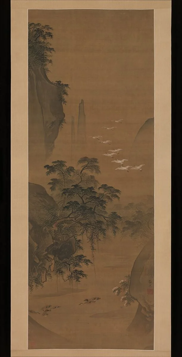 明 呂紀 秋景花鳥圖 軸|Autumn landscape with egrets and ducks, detail