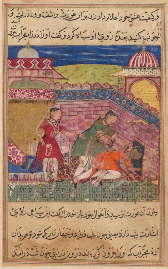 The deceitful wife ejects the procuress after blackening her face, from a Tuti-nama (Tales of a Parrot): Eighth Night, detail