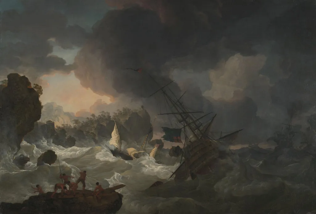 Engelse oorlogsschepen en een Marokkaanse chebeck in nood, by Hendrik Kobell, unspecified, 1775