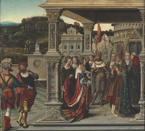 Linkerluik van het retabel van de broederschap van het Heilig Kruis te Veurne. Voorzijde : De heilige Helena voor de paus in Rome. Keerzijde : Christus valt onder het kruis, detail