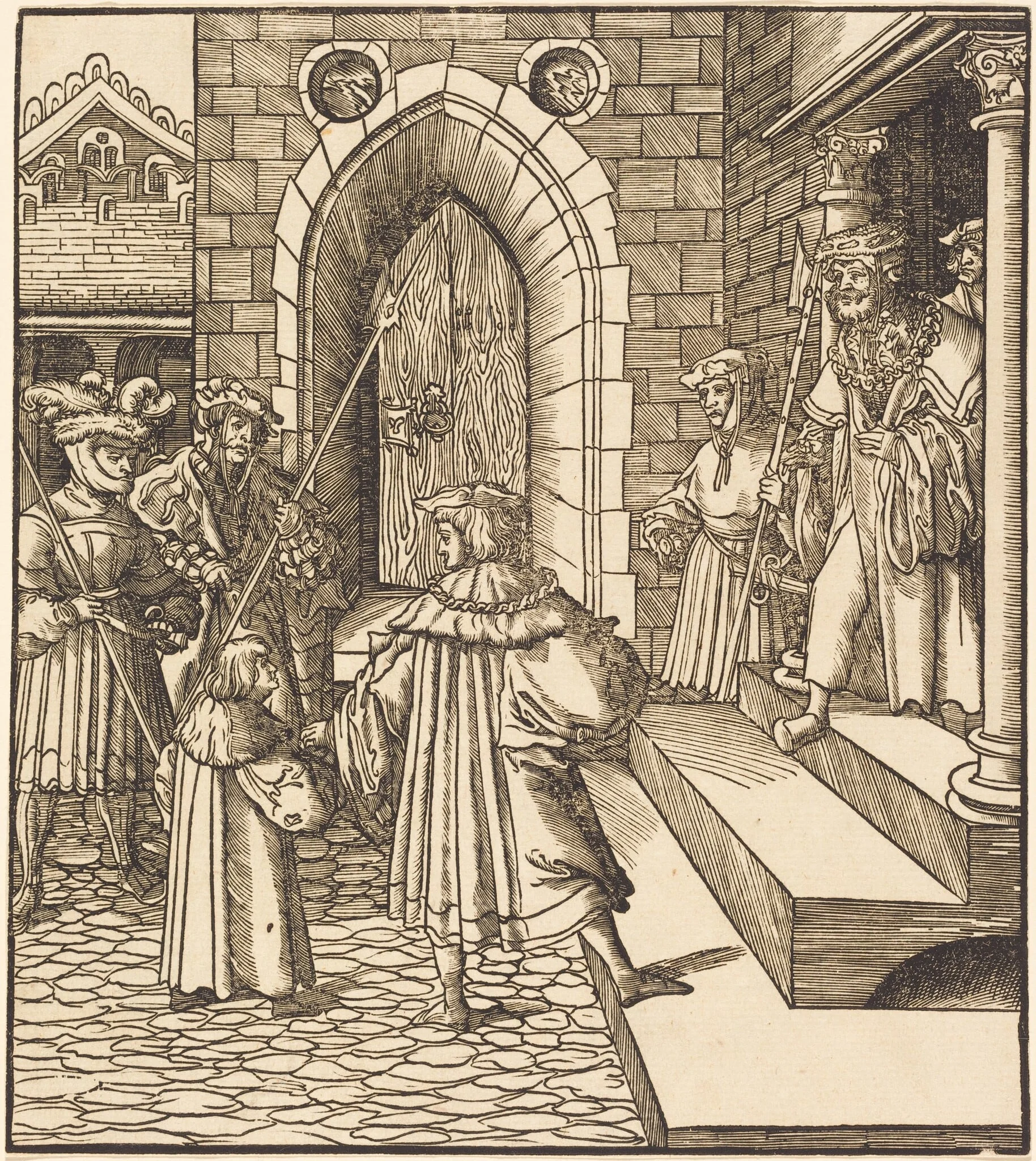 Three Men and a Boy in the Court of a Castle, to the Right Three Men on a Staircase, detail