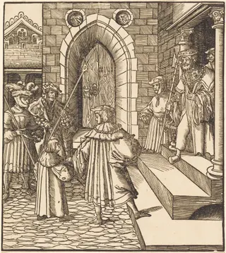 Three Men and a Boy in the Court of a Castle, to the Right Three Men on a Staircase, by Leonhard Beck, ink, 1515