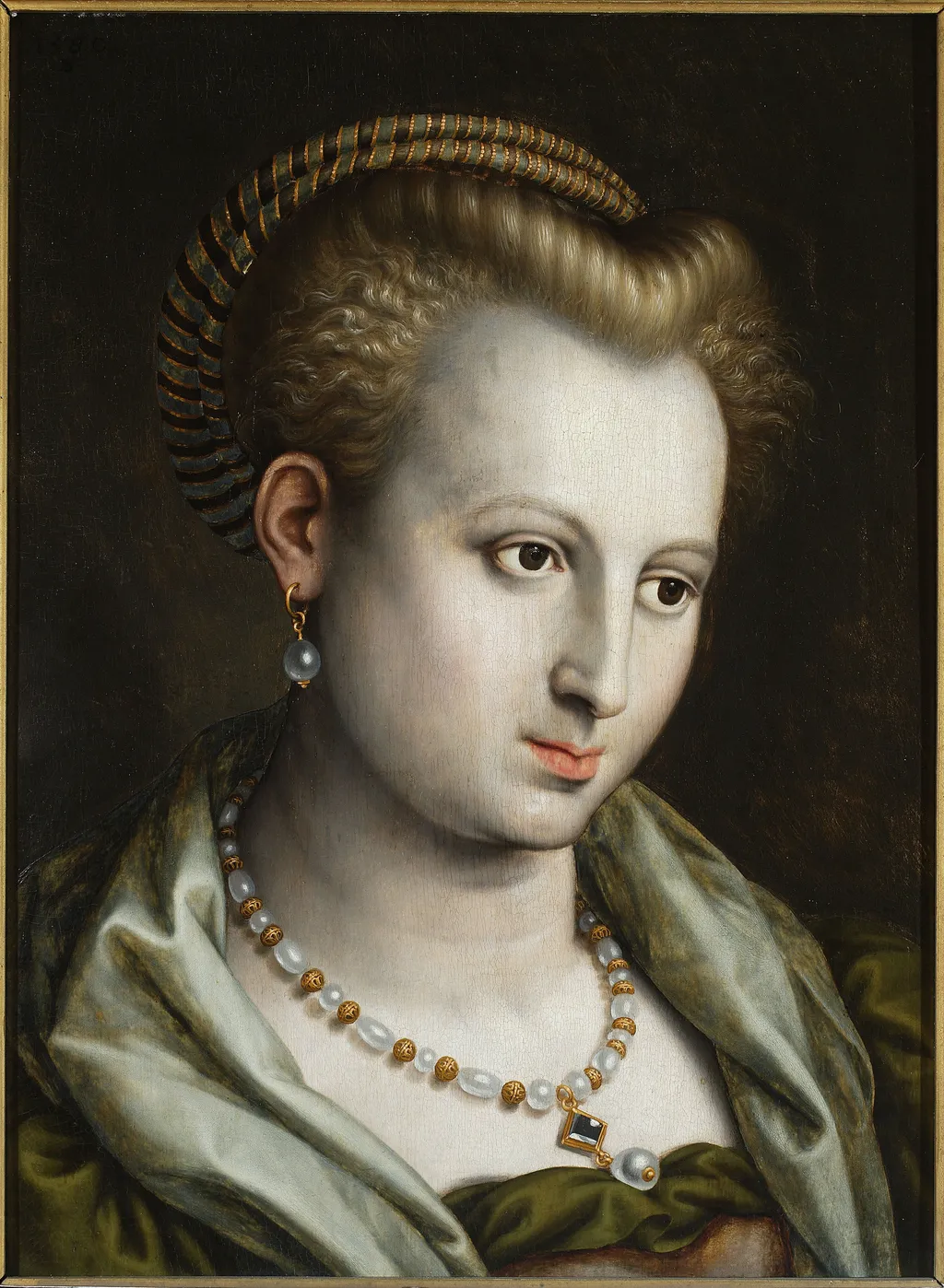 Female head turned to the right with a pearl necklace, by Bernaert de Rijckere, oil, 1590