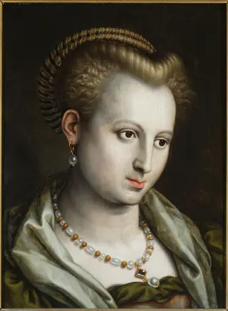 Female head turned to the right with a pearl necklace, by Bernaert de Rijckere, oil, 1590