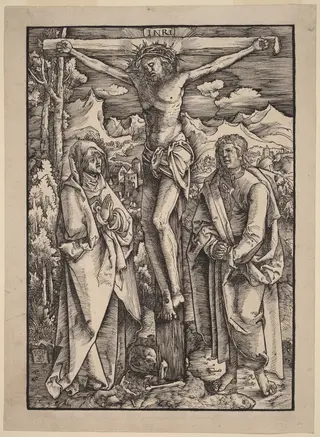 Christ on the Cross between the Virgin and Saint John, by Gabriel Zehender, ink, 1517