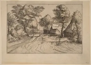 Village Road with Farm and Sheds, by Johannes van Doetechum the Elder, ink, 1560