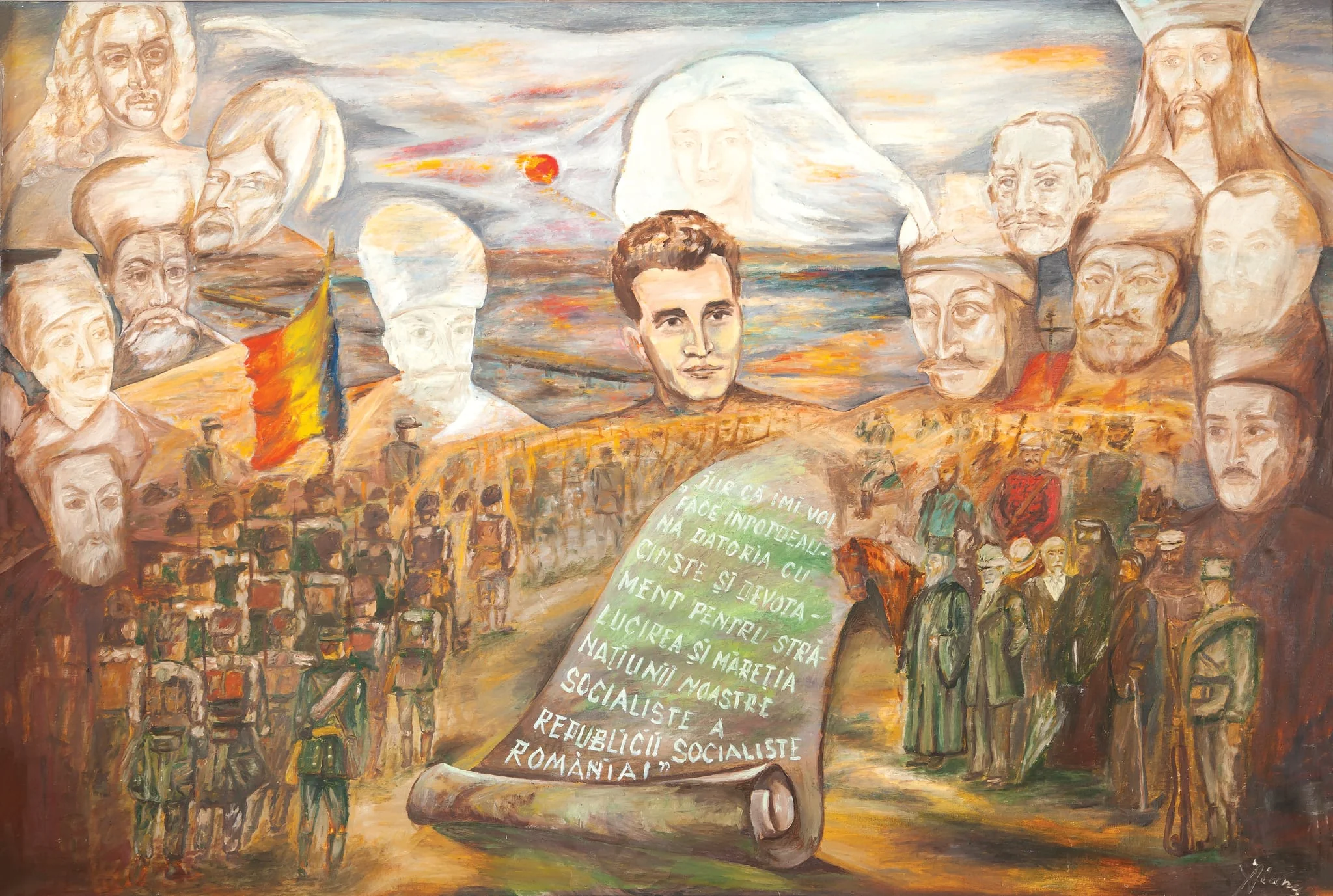 Tablou, ulei pe pânză, executat de Cercul Pionerilor din Drăgănești. A fost realizat, probabil, pentru aniversarea centenarului Independenței (1977). În parte inferioară este reprezentată trercerea Dunării de către armatele române (inspirat dintr-o coromolitografie a Institutuli de Arte Grafice București). În centrul tabloului este figura lui Nicolae Ceaușescu și un pergament pe care este notat jurământul rostit la investitură ”Jur că îmi voi face întodeauna datoria cu cinste și devotament pentru strălucirea și măreția națiunii noastre socialiste a Republicii Socialiste România”. Pe fundal chipurile eroilor neamului ce-l veghează pe ”marele erou” : Dimitrie Cantemir, Ioan Vodă cel Cumplit, Alexandru cel Bun, Avram Iancu, Constantin Brâncoveanu, Matei Basarab, Neagoe Basarab, Iancu de Hunedoara, Vlad Țepeș, Mihai Viteazul, Alexandru Ioan Cuza, Tudor Vladimirescu. Comandat și oferit de Comitetul Județean de Partid Olt, 24 ianuarie 1978., detail