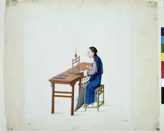 Woman Plaiting Threads, by Puqua, paint, 1790