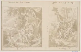 Two designs for overdoor paintings depicting Diana and Acteon (left) and Bacchus and Erigone (right), by James Thornhill
