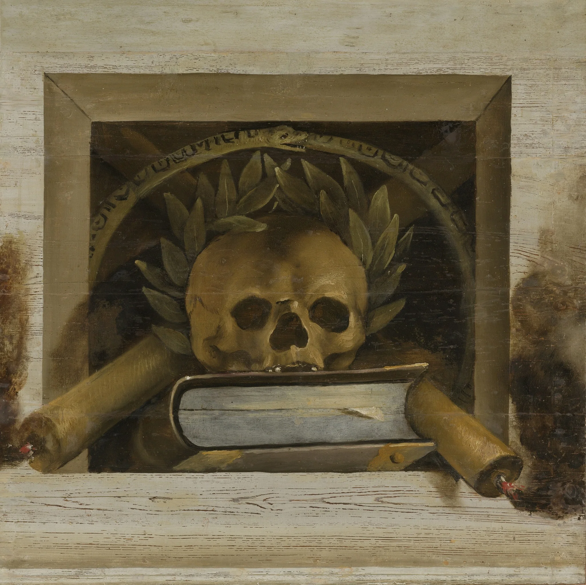 Vanitas Still Life with Skull with a Laurel Wreath and Two Burning Candles, detail