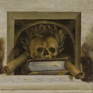 Vanitas Still Life with Skull with a Laurel Wreath and Two Burning Candles, by Jacob van Campen, oil, 1650