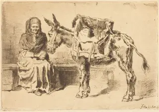 Cacoletière Assise (Seated Woman and Ass), by Félix-Hilaire Buhot, ink, 1875