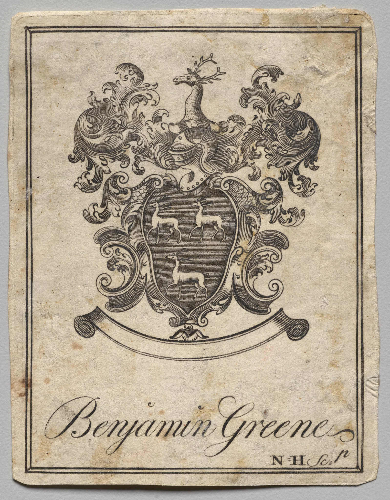 Bookplate: Coat of Arms with Benjamin Greene inscribed, detail