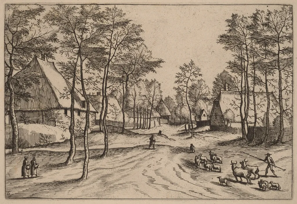 Village Street, by Johannes van Doetechum the Elder, ink