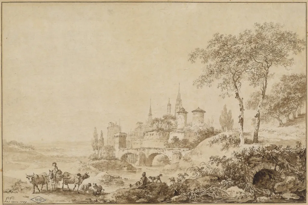 Shepherds in a Landscape before a Fortified Town, by Jean-Baptiste Le Prince, ink, 1777