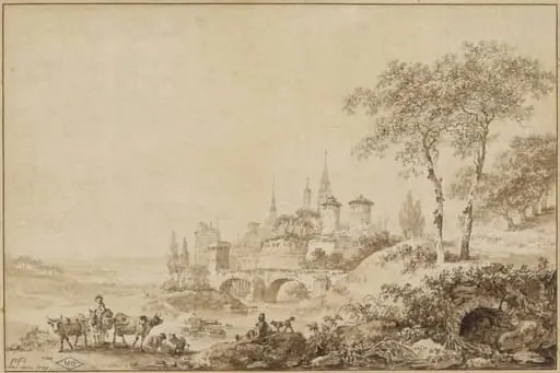 Shepherds in a Landscape before a Fortified Town, by Jean-Baptiste Le Prince, ink, 1777