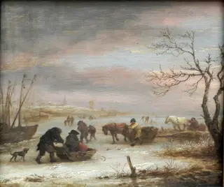 Winter Landscape with Skaters and Frozen Boats, by Isaac van Ostade, oil, 1640