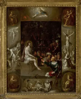Mocking of Christ surrounded by images of the Evangelists and scenes from the Passion of Christ, by Frans Francken the Younger, unspecified, 1621