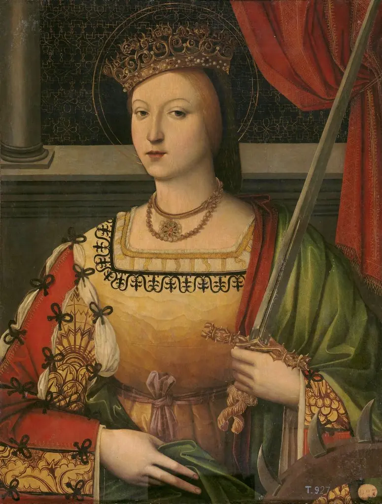 Catalina de Austria reina de Portugal como Santa Catalina, by Domingo Carvalho, oil, 1530