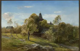Landscape with a church hidden behind the trees, by Henryk Grabiński, oil, 1883